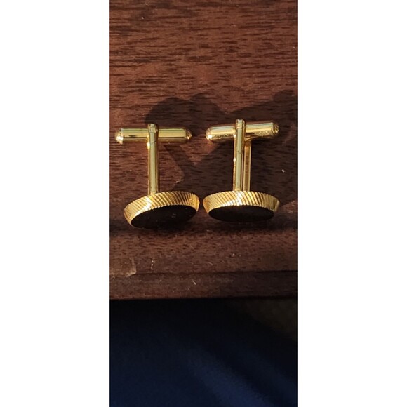 Vintage Pioneer Gold-Tone Cufflinks w/ Black Cabochon Mid-Century Mens - Picture 3 of 4
